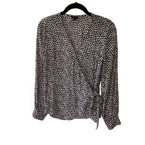 Talbots Petite Faux Wrap Leopard Print Blouse Size SP Black White Viscose